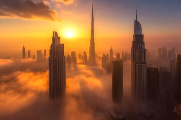 Obraz premium A breathtaking sunrise over a modern city skyline, with golden sunlight reflecting off the glass skyscrapers and soft morning mist covering the streets below.