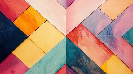 Fototapeta premium Geometric wooden wall art displaying a colorful and creative abstract design
