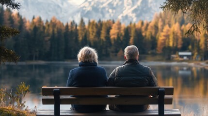  An elderly couple sits on a wooden bench, facing a scenic lake with autumn trees and mountains in the background.