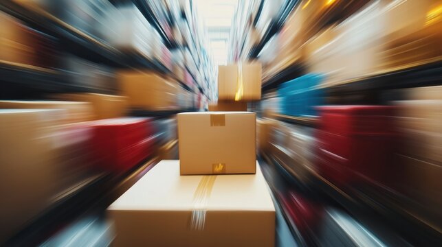  A warehouse filled with moving cardboard boxes, shot in motion blur, symbolizing logistics and e-commerce.