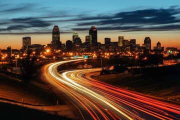 Fototapeta premium A lively city at nightfall, with skyscrapers illuminated by golden office lights, busy highways with streaks of car headlights, and a sky transitioning from deep blue to black.