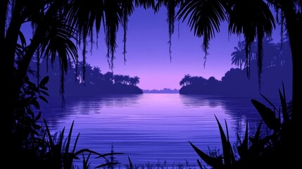 Mystical swamp landscape twilight scene with silhouettes of trees water and ethereal purple light evoking dreamlike atmosphere illustration