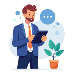 Man holding and using digital tablet computer. Tablet computer concept illustration. Vector illustration in cartoon style.