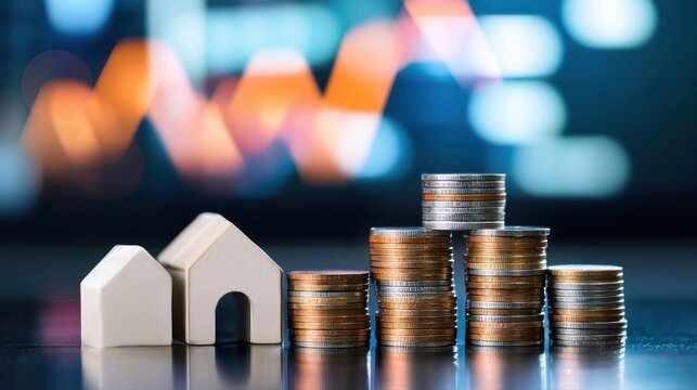 A charming house nestled amongst a stack of coins illustrating the concept of home ownership and financial growth