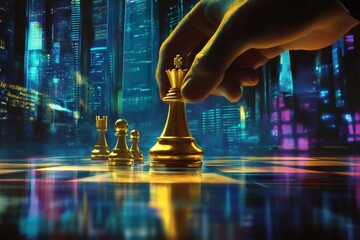 A chessboard with corporate skyscrapers and financial graphs is faintly visible in the background. A hand is moving the Golden Queen. It represents a decisive economic strategy.