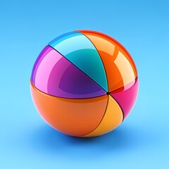 Fototapeta premium Glossy segmented rainbow sphere casting soft shadows on a bright blue surface — Esfera segmentada arcoíris brillante proyectando sombras suaves sobre superficie azul intensa