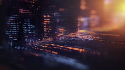 Abstract Coding Concept Depicted by Glowing Lines, Symbols and Gradient Lighting with Atmospheric Background