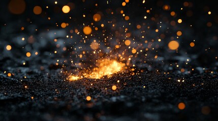 Electric discharge machining of metal showing bright sparks and high-precision parts with dark shades of black and gray, emphasizing the high-quality process, minimalism, and precision.