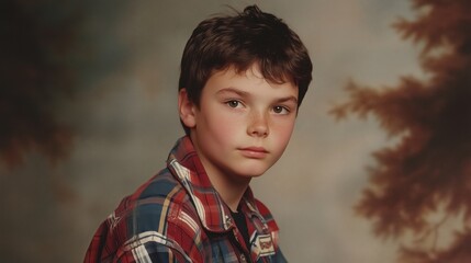 A young boy in a red plaid shirt, softly lit, against a vintage-style backdrop with a nostalgic feel.