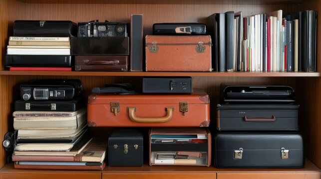 A vintage shelf teeming with retro suitcases, books, and cameras, evoking nostalgia and the charm of a collected traveler’s treasures.
