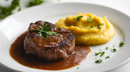  grilled beef steak with creamy mashed potatoes and brown sauce food meat meal side dish