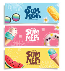 Hello summer greeting clipart banner. Summer greeting text with floaters, watermelon, sunglasses and ice cream clip art collection in colorful background vector illustration.   © AmazeinDesign