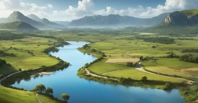 una vista panoramica de un valle, hay muchos arboled altos, un lago donde converge un rio que su agua cae por una fuente hacia el lago, hay un camino de tierra y varias colinas alrededor.