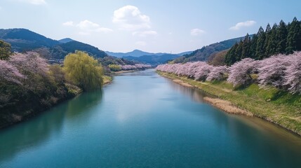 Fototapeta premium a lesser-known cherry blossom viewing spot in Japan, with vibrant blooms lining a tranquil riverbank