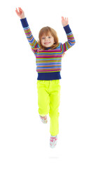 Portrait, smile and jump with girl in studio for child development, youth and energy. Happiness, kindergartener and preschool with young kid on white background for cute, playful and creative