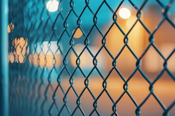 Fototapeta premium Chain link fence stretching alongside a vibrant green field under a clear blue sky with soft clouds in the distance