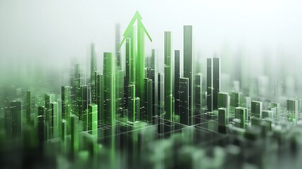 Green Growth and Progress in Nature, A green arrow graph rising from lush green plants, symbolizing growth and progress in nature