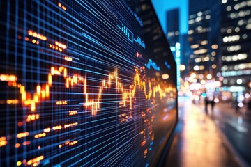 Obraz premium Busy city street scene featuring a wall of data visualizations with colorful graphs and digital information displays