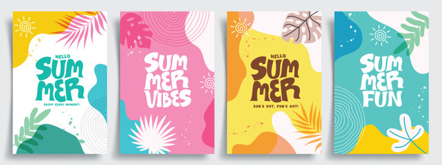 Summer greeting clipart poster set. Summer tropical leaves clip art in colorful abstract background collection for seasonal greeting card vector illustration. 
