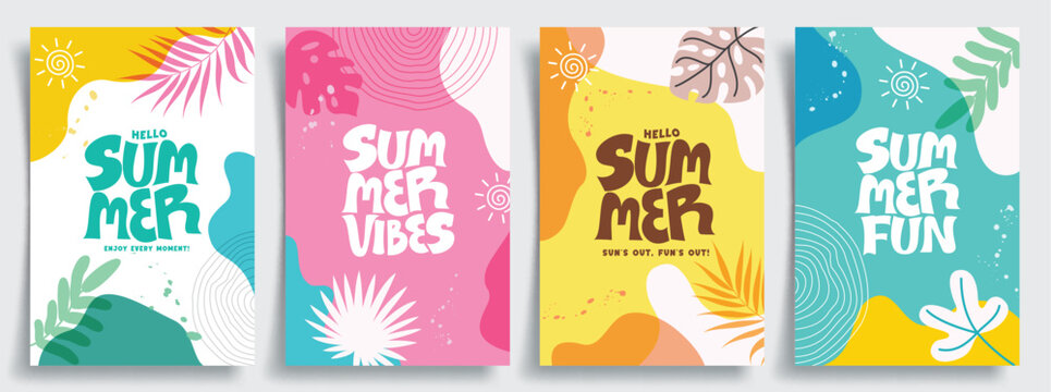 Summer greeting clipart poster set. Summer tropical leaves clip art in colorful abstract background collection for seasonal greeting card vector illustration. 
