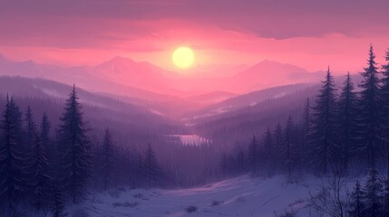 Obraz premium Ethereal dawn paints a serene winter mountain landscape with hues of pink and purple creating a dreamy idyllic and tranquil vista