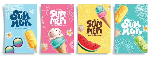 Summer greeting clipart poster set. Hello summer greeting text with ice cream and watermelon tropical elements in colorful background clip art collection vector illustration. 

