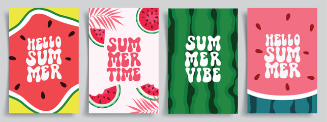 Summer greeting text clipart poster set. Hello summer greeting card clip art in watermelon drawing abstract background collection vector illustration.   © AmazeinDesign
