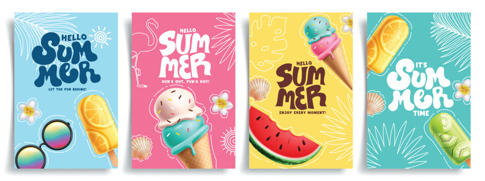 Summer greeting clipart poster set. Hello summer greeting text with ice cream and watermelon tropical elements in colorful background clip art collection vector illustration. 

