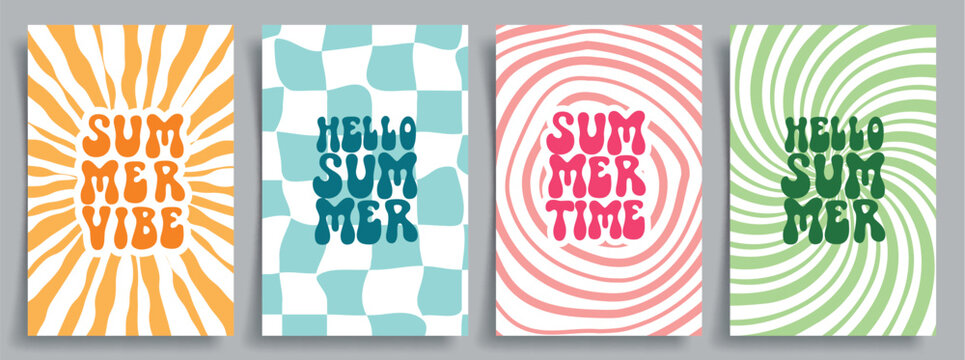 Summer greeting text clipart poster set. Summer vibe font clip art collection in yellow, blue, pink and green abstract background collection vector illustration. 
