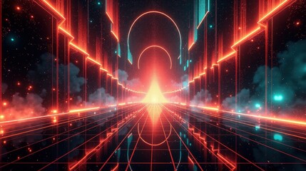 Fototapeta premium An abstract explosion of quantum fractals, cascading waves of neon light, reality dissolving into Art Deco mathematical patterns, glowing particles forming and disintegrating.