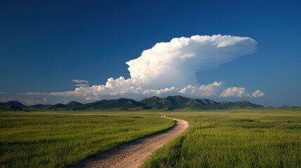 Dirt path leads to mountains under a dramatic cloudy blue sky in grassland field