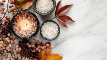 Bath salt bowls glow warmly alongside a candlelit ambiance, surrounded by autumn leaves and natural textures, exuding tranquility and seasonal warmth.