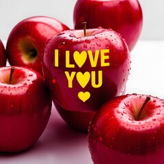 A close-up photo of several fresh red apples against a bright solid white background. On top of the pile of apples, one apple stands out with bright yellow text that reads 'I LOVE YOU' along with a he