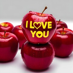A close-up photo of several fresh red apples against a bright solid white background. On top of the pile of apples, one apple stands out with bright yellow text that reads 'I LOVE YOU' along with a he