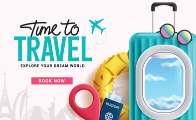 Time to travel booking online clipart. Travel and tour ticket booking website application with luggage bag for travelling international flight exploration vector illustration.
