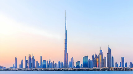 Naklejka premium Panoramic View of Dubai Skyline at Sunset Showing Modern Architecture and Cityscape with Water Reflection