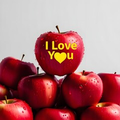 A close-up photo of several fresh red apples against a bright solid white background. On top of the pile of apples, one apple stands out with bright yellow text that reads 'I LOVE YOU' along with a he