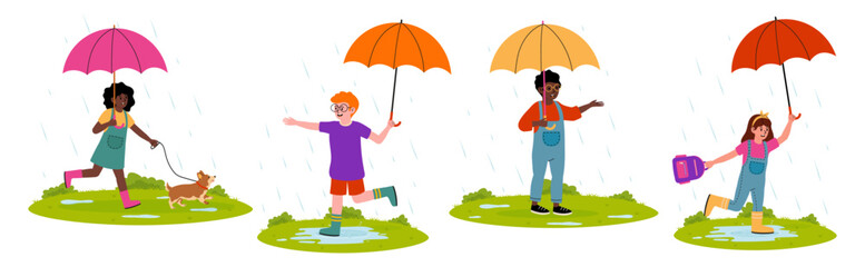 Children enjoying a rainy day with colorful umbrellas in a grassy area
