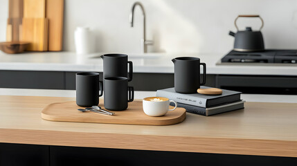 Arrangement of Black Coffee Mugs with White Cups on a Wooden Tray in a Modern Kitchen Setting