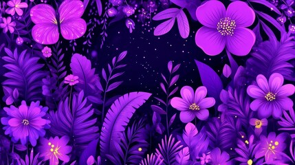 Lush purple garden illustration evoking dreamlike fantasy botanical backdrop adorned with radiant flora and enchanting magical ambiance design element