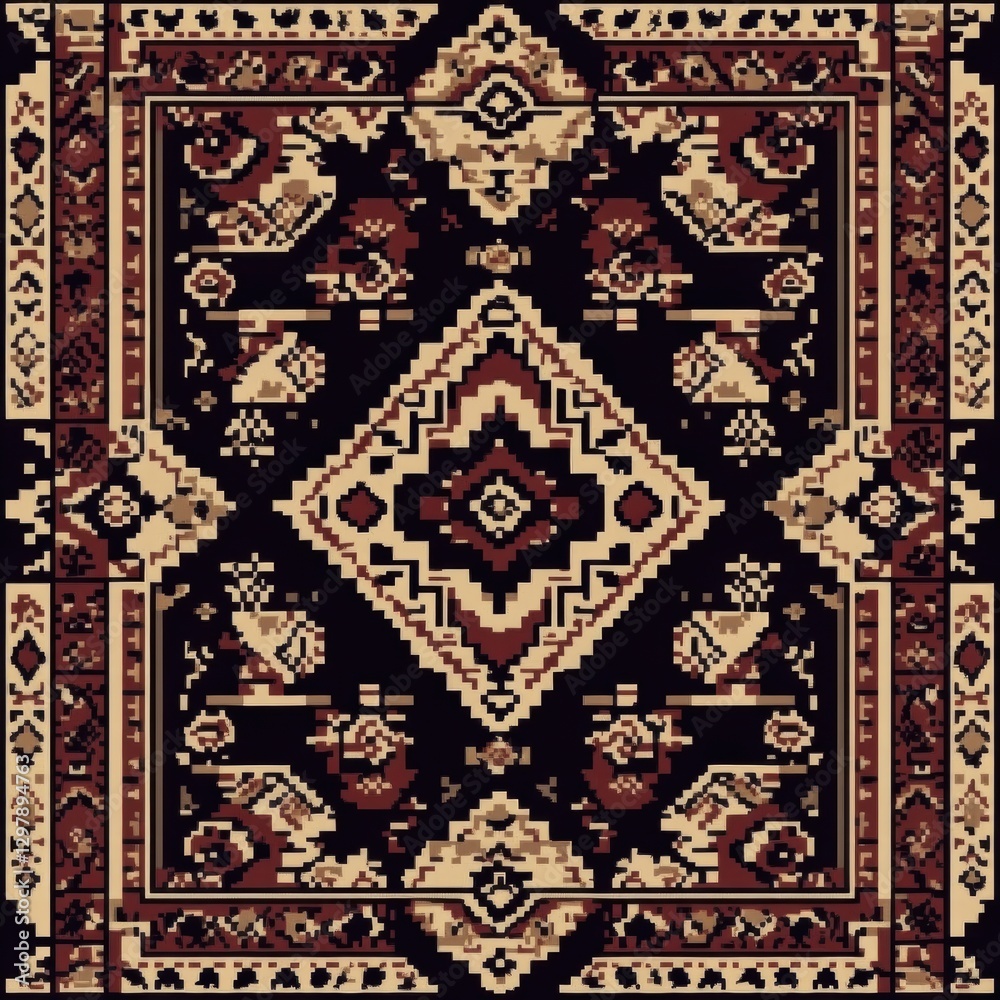 Poster intricate traditional rug design featuring ornate patterns and rich colors displayed on a dark backg