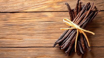Aromatic Vanilla Beans Bundle Tied with Raffia Twine Resting on Rustic Wooden Planks Surface