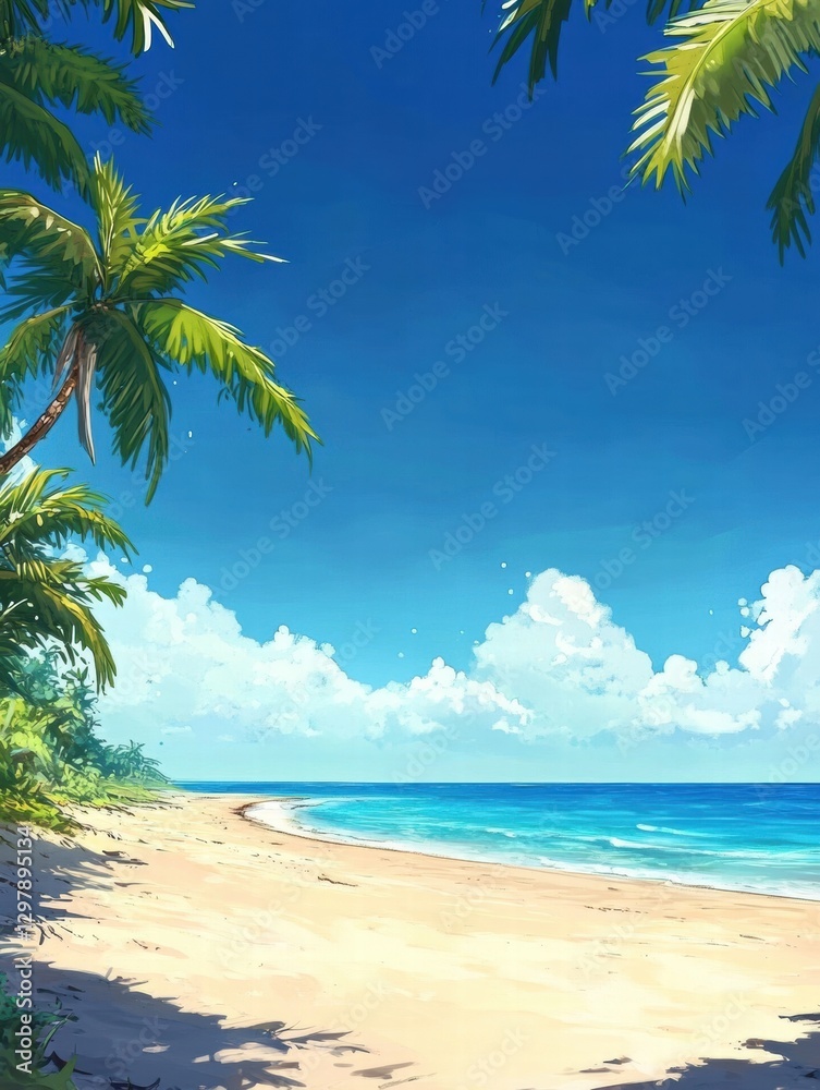 Poster Serene beach landscape with palm trees under a clear blue sky and gentle waves lapping at the shore. Generative AI