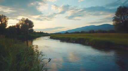 Fototapeta premium Scenic River Landscape with Dramatic Sky