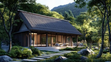 a peaceful Japanese farmhouse with a thatched roof, surrounded by lush forests and mountain views