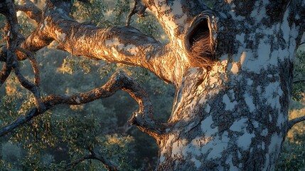Artistic Representation of Birds Nesting in a Tree with Intricate Native Patterns