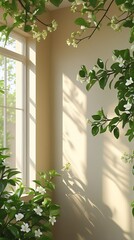 Serene sunlight streaming through a window, casting soft shadows on a beige wall with lush green leaves and delicate white flowers. Peaceful nature-inspired interior atmosphere

