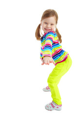 Portrait, youth and dance with kid in studio for child development, smile and energy. Happiness, kindergartner and preschool with young girl on white background for cute, playful and creative