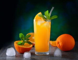 Fototapeta premium Refreshing Orange Juice with Ice and Citrus Garnish