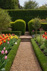 Obraz premium A Beautifully Designed UK-Style Back Garden with Lush Hedges, Vibrant Tulips, and Blooming Flowers 